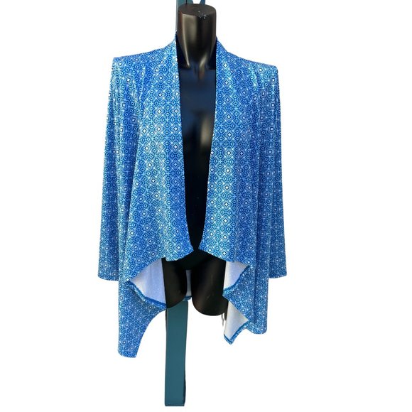 Land's End Long Sleeve Open Front Shrug Cardigan Poncho Blue/White Size M - Picture 1 of 7